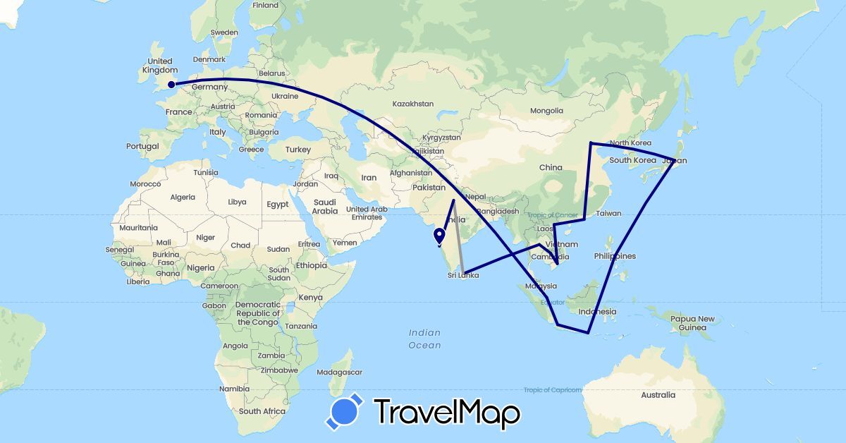 TravelMap itinerary: driving, plane in China, United Kingdom, Indonesia, India, Japan, Cambodia, Sri Lanka, Philippines, Singapore, Thailand, Vietnam (Asia, Europe)